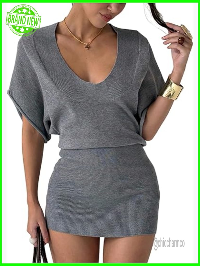Cinch Waist Knit Sweater Dress Dolman Sleeve Bodycon Mini Club